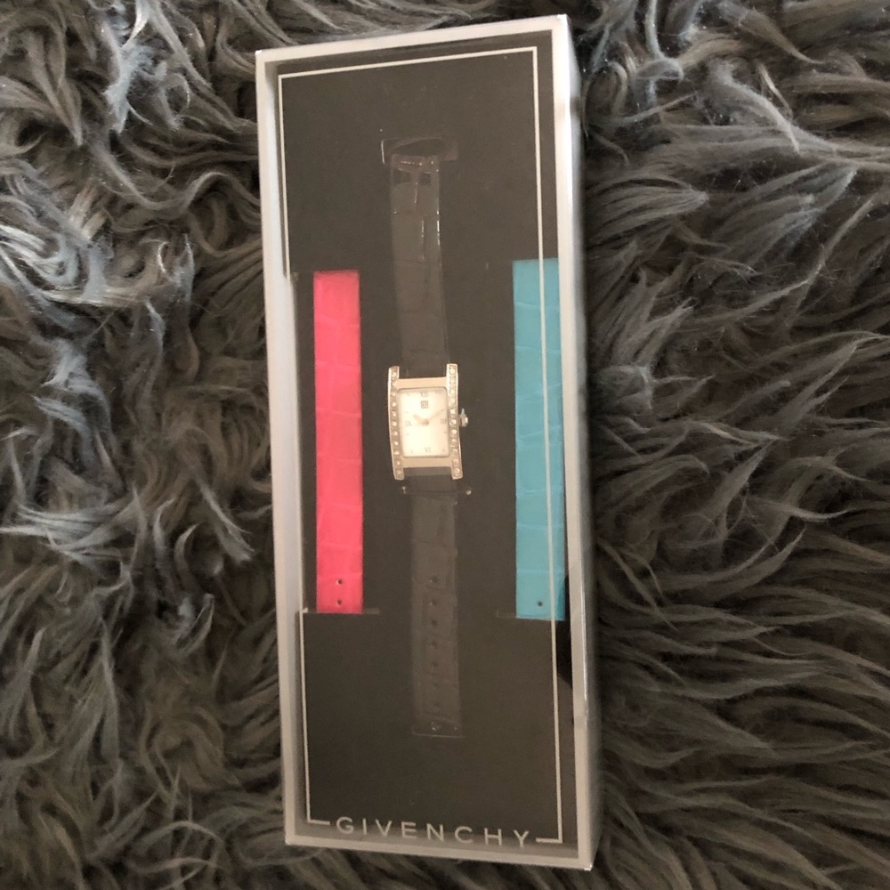 Givenchy 1990's Vintage Watch & 3 Faux Crocodile Bands Blue Pink Black